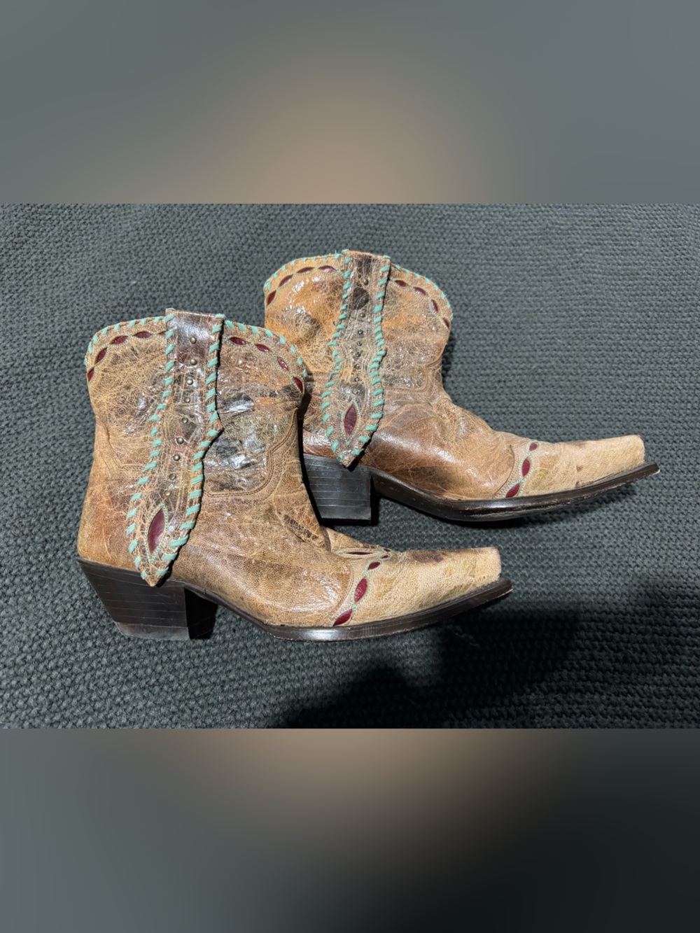 Dan Post Brown Leather Western Ankle Boots with Teal and Burgundy Accents